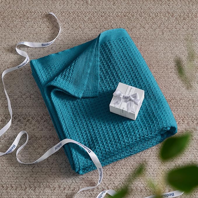 Bedsure 100% Cotton Blanket Twin XL Size for College Dorm - Breathable and Soft, Waffle Weave Twin Blanket for Summer, Dorm Room Essentials, Teal, 66x90 inches-StrideForce Fitness