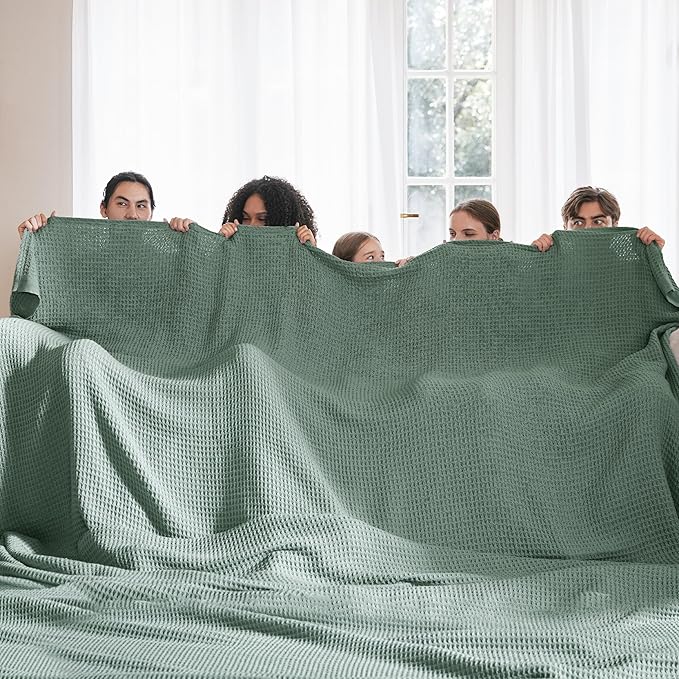 Bedsure 100% Cotton Large Blanket Oversized King for Bed - Breathable Thick Waffle Weave Blanket for Summer, Couch Cover, Sage Green, 120x94 inches-StrideForce Fitness