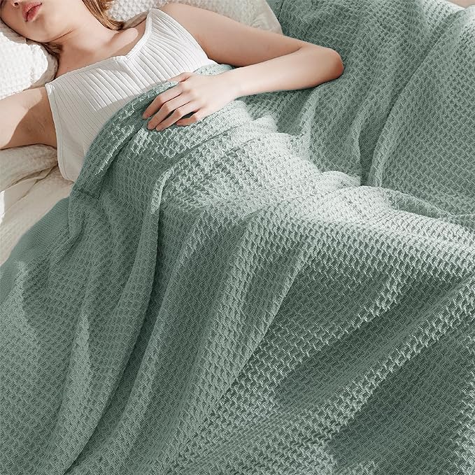 Bedsure 100% Cotton Large Throw Blanket for Couch 50x70 inches - Breathable and Soft, Waffle Weave Throw Blanket for Office, Sage Green-StrideForce Fitness