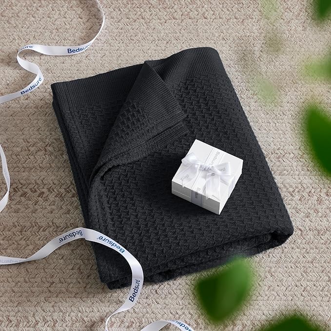 Bedsure 100% Cotton Large Throw Blanket for Couch 50x70 inches - Breathable and Soft, Waffle Weave Throw Blanket for Office, Black-StrideForce Fitness