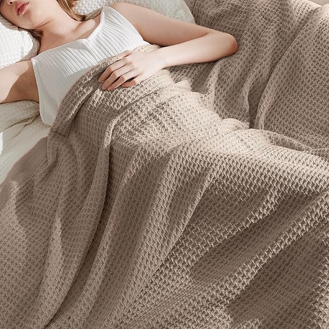 Bedsure 100% Cotton Large Throw Blanket for Couch 50x70 inches - Breathable and Soft, Waffle Weave Throw Blanket for Office, Taupe-StrideForce Fitness