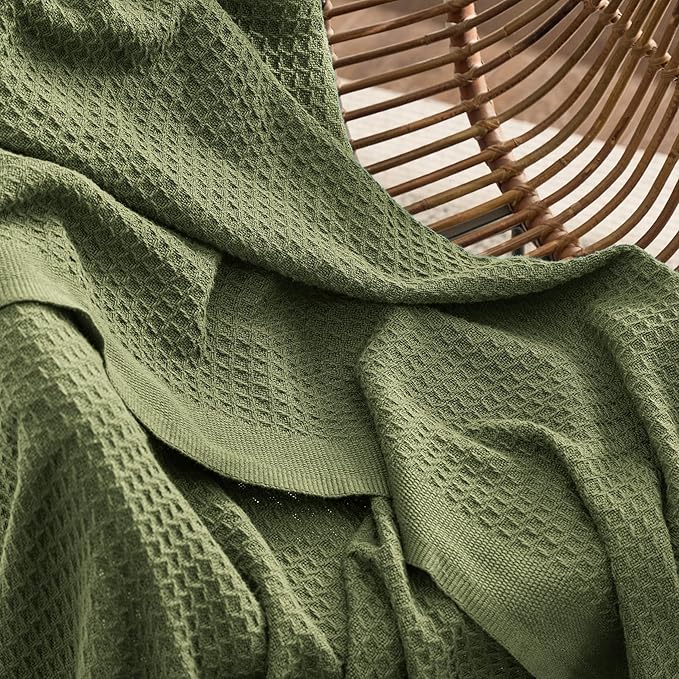 Bedsure 100% Cotton Large Blanket Oversized King for Bed - Breathable Thick Waffle Weave Blanket for Summer, Couch Cover, Olive Green, 120x94 inches-StrideForce Fitness