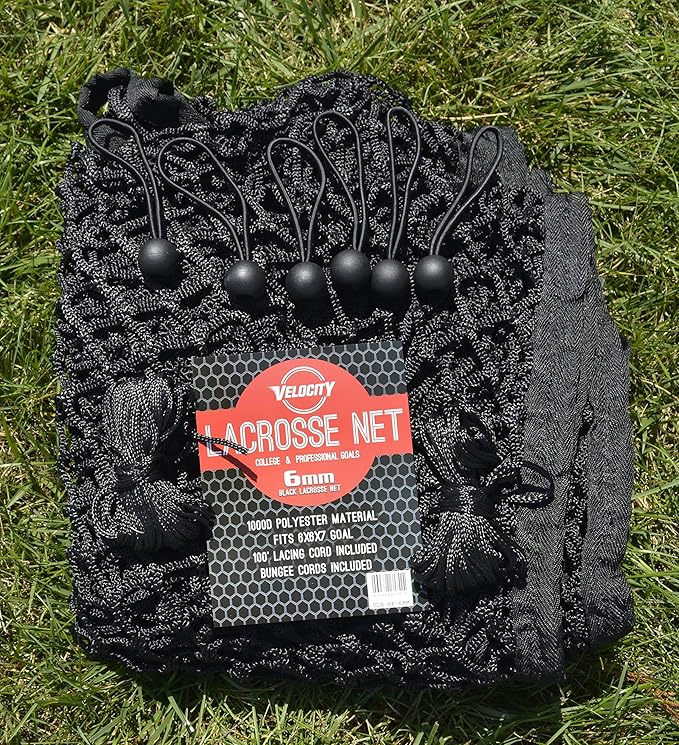 Velocity Heavy Duty Black & White Lacrosse Net - Fits 6’x6’x7’ Goals - Weatherproof, UV Resistant 1000D High-Strength Polyester - Comes with 100+ Feet of Lacing Cord and 4 Quick Ties-StrideForce Fitness