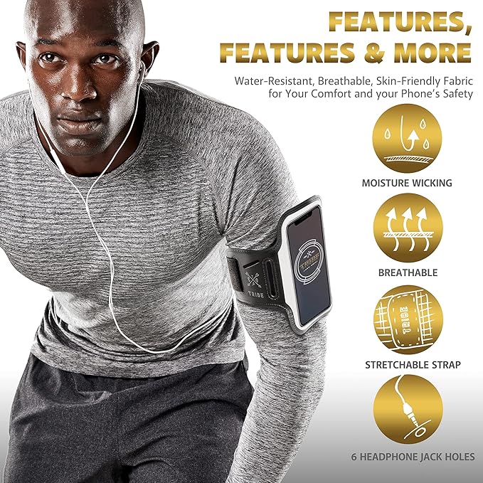 TRIBE Running Phone Holder Armband. iPhone & Galaxy Cell Phone Sports Arm Bands for Women, Men, Runners, Jogging, Walking, Exercise & Gym Workout. Fits All Smartphones. Adjustable Strap, CC/Key Pocket-StrideForce Fitness