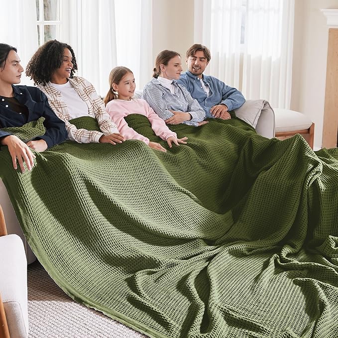 Bedsure 100% Cotton Large Blanket Oversized King for Bed - Breathable Thick Waffle Weave Blanket for Summer, Couch Cover, Olive Green, 120x94 inches-StrideForce Fitness