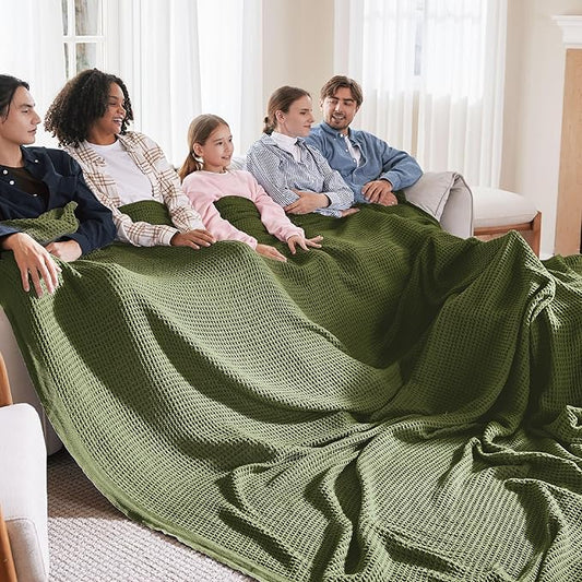 Bedsure 100% Cotton Large Blanket Oversized King for Bed - Breathable Thick Waffle Weave Blanket for Summer, Couch Cover, Olive Green, 120x94 inches-StrideForce Fitness
