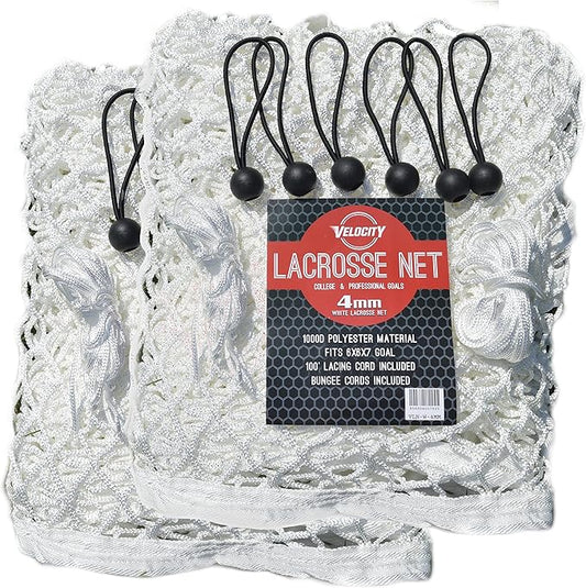 Velocity Heavy Duty Black & White Lacrosse Net - Fits 6’x6’x7’ Goals - Weatherproof, UV Resistant 1000D High-Strength Polyester - Comes with 100+ Feet of Lacing Cord and 4 Quick Ties-StrideForce Fitness